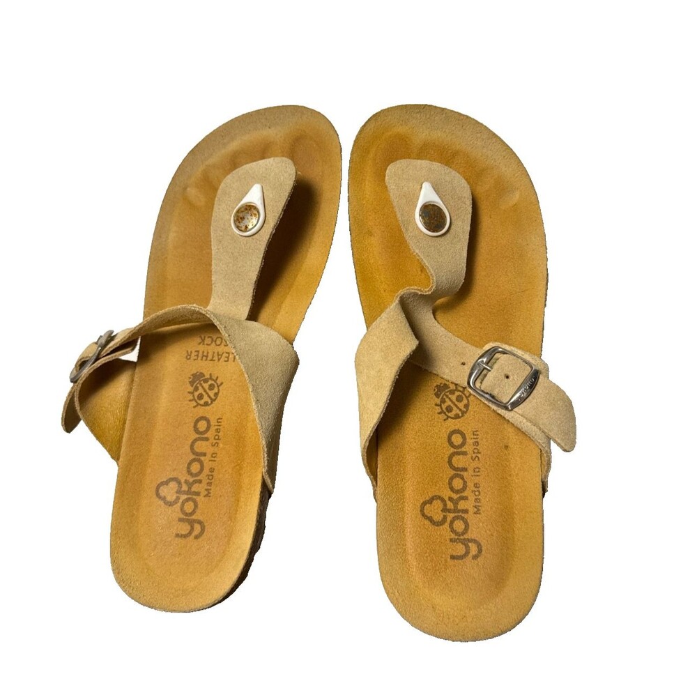 Yokono Beige Leather Toe Loop Sandals Cork Footbed Boho Womens Size 6 Spain